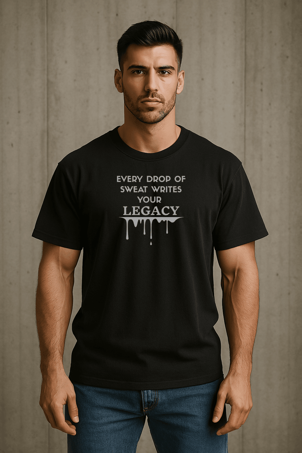 Every Drop of Sweat Writes Your Legacy Unisex Oversized T-Shirt 1 Male Model wearing Every Drop of Sweat Writes Your Legacy unisex oversized t-shirt".