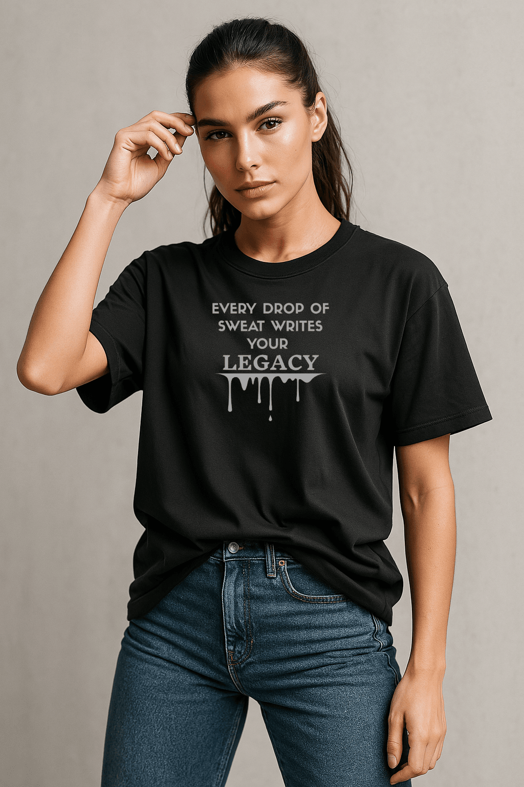 Every Drop of Sweat Writes Your Legacy Unisex Oversized T-Shirt 2 Women Model wearing Every Drop of Sweat Writes Your Legacy unisex oversized t-shirt".