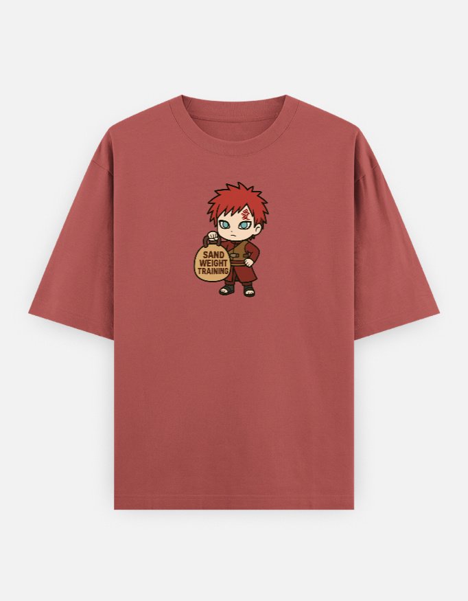 Front_1_c_52-3.jpg Red oversized t-shirt featuring chibi Gara holding a sand weight bag with text Sand Weight Training – anime gym parody tee by Hype & Vibe