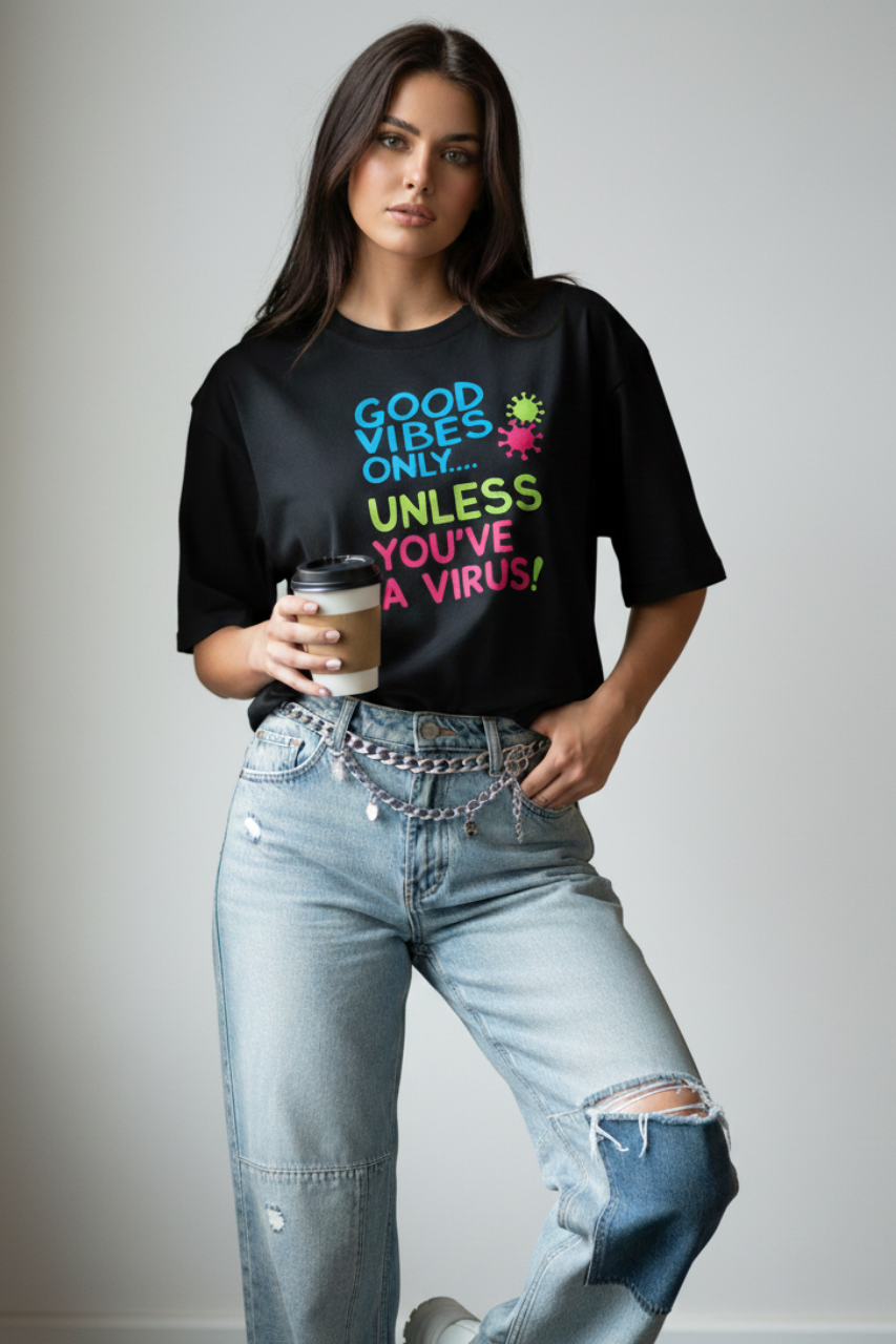 Good vibes only,unless you have a virus. photo of a 24-year-old white Indian girl supermodel wearing a black oversized t-shirt with 'GOOD VIBES ONLY...' text and stylishly designed light-wash jeans, posing against a plain background