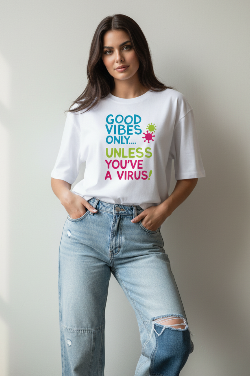 Good vibes only,unless you have a virus. photo of a 24-year-old white Indian girl supermodel wearing a white oversized t-shirt with 'GOOD VIBES ONLY...' text and stylishly designed light-wash jeans, posing against a plain background